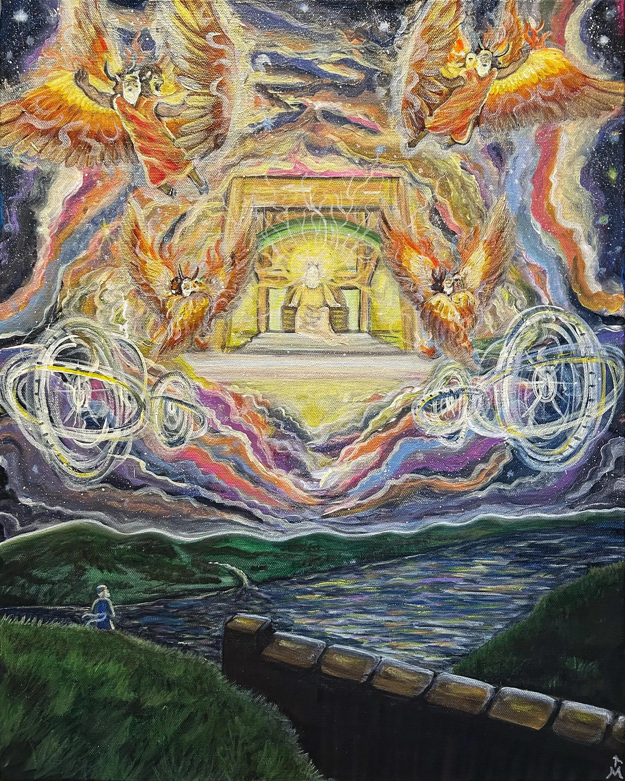 A painted vision of Ezekiel beside the river beneath the living creatures, wheels, fire, rainbow radiance, and the throne of God