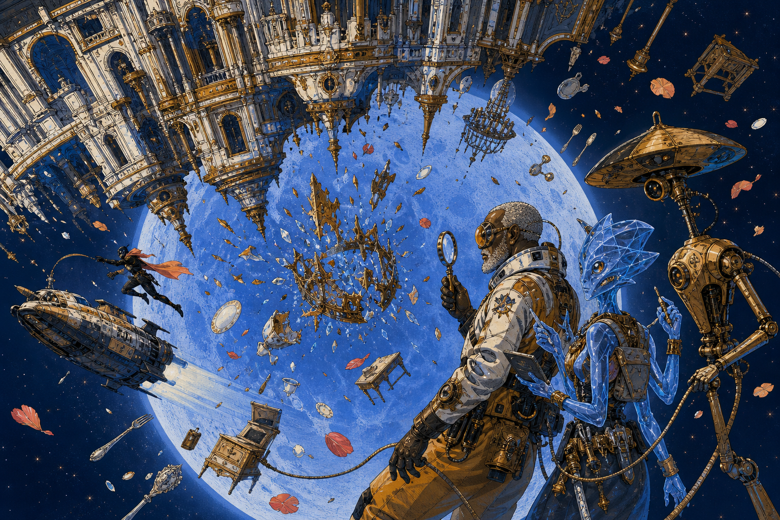 Comic illustration of Orin, Nemi, and Clink investigating a shattered gravity crown outside an upside-down orbital palace