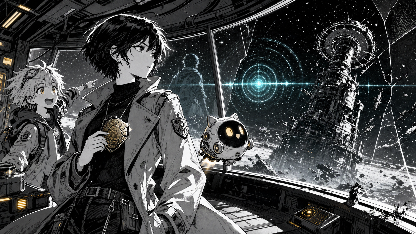 Black-and-white comic illustration of Sera, Jun, and Momo investigating a ghost signal aboard an abandoned space relay