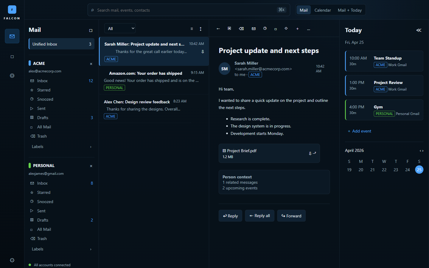 Falcon unified inbox, message reader, and daily calendar