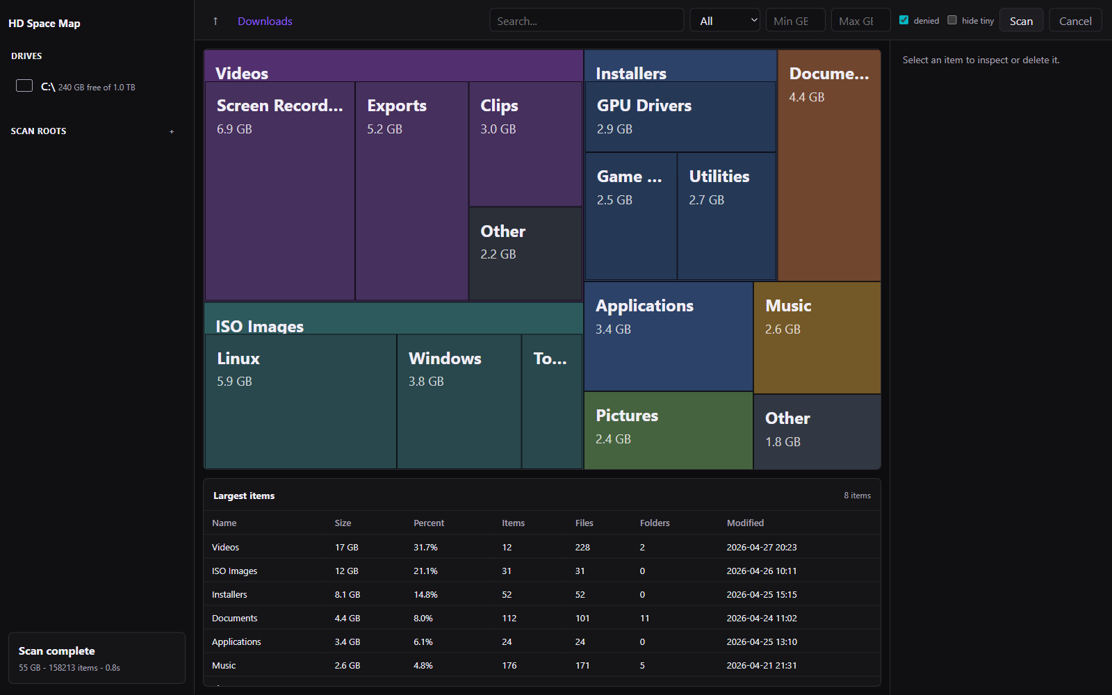 HD Space Map showing storage as a treemap with a largest-items table