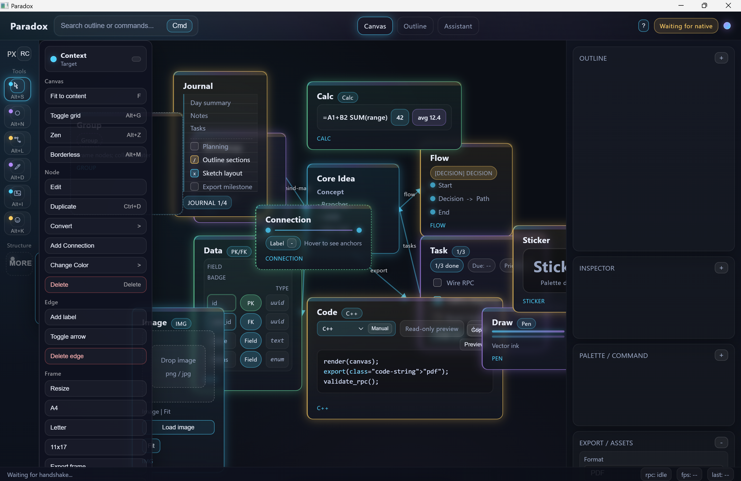 Paradox infinite canvas with connected journal, code, data, task, and drawing cards