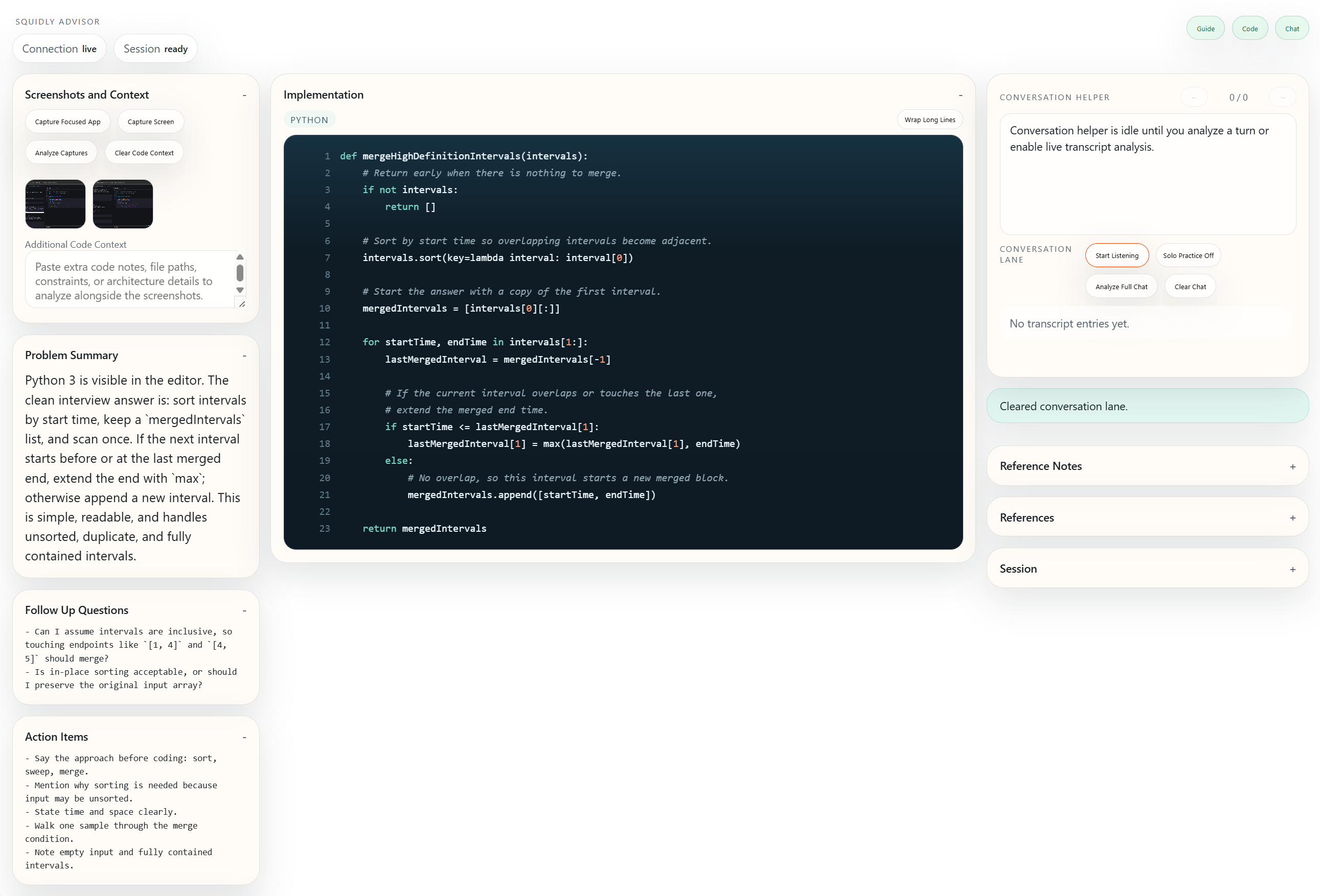Squidly coding helper with screenshot context, implementation, and conversation lanes
