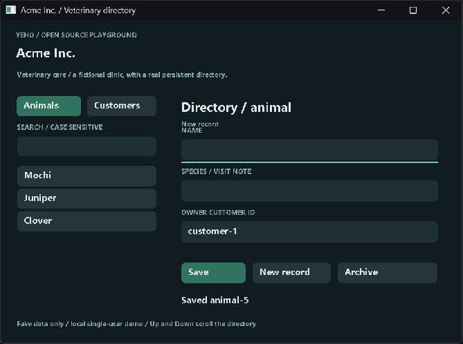 Acme Inc., captured from the running native Yeho example