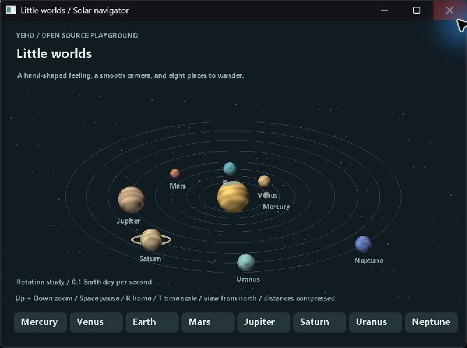 Little worlds, captured from the running native Yeho example