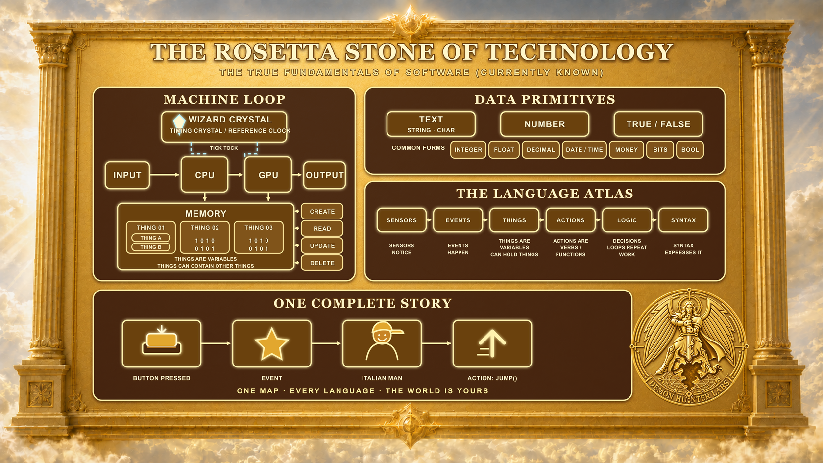 The Rosetta Stone of Technology, a crisp golden map connecting input, CPU, GPU, nested things stored as variables in memory, the Wizard timing crystal, output, data primitives, sensors, events, actions, logic, loops, syntax, and an Italian man jumping, marked with the Demon Hunter Labs Jesus medallion.